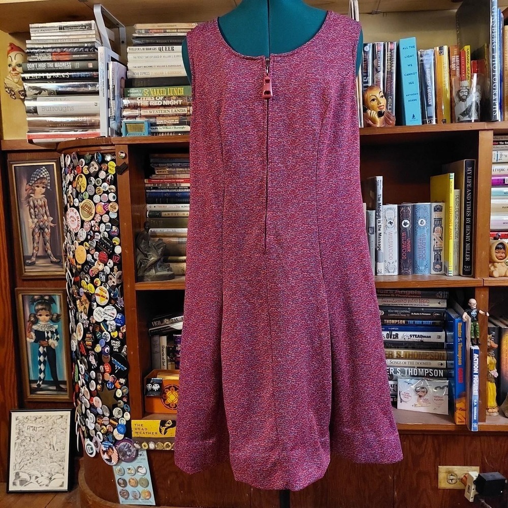 Vintage‎ 70s Red Blue White Zip Front House Dress Sleeveless Polyester Large